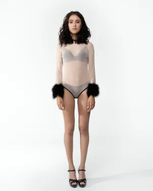 Mesh Sheer Sexy Bodysuit With Feather