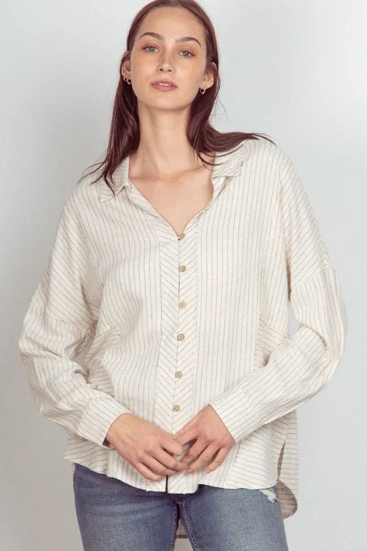 Oversized Striped Linen Collared Shirt Top