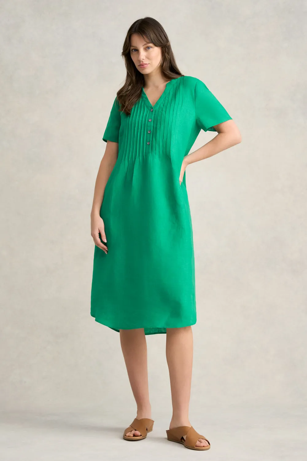 Pleated Front French Linen Dress - Vibrant Green