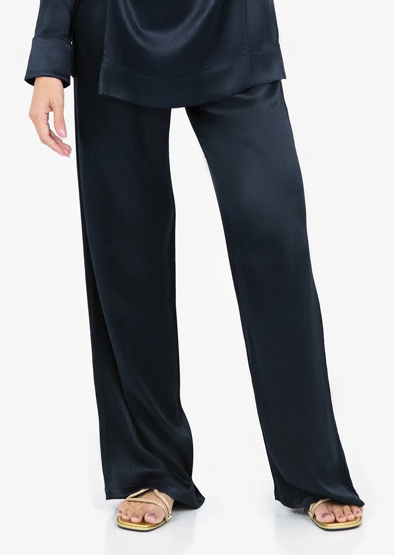 Plisse Wide Leg Pant Midnight Navy Shiny