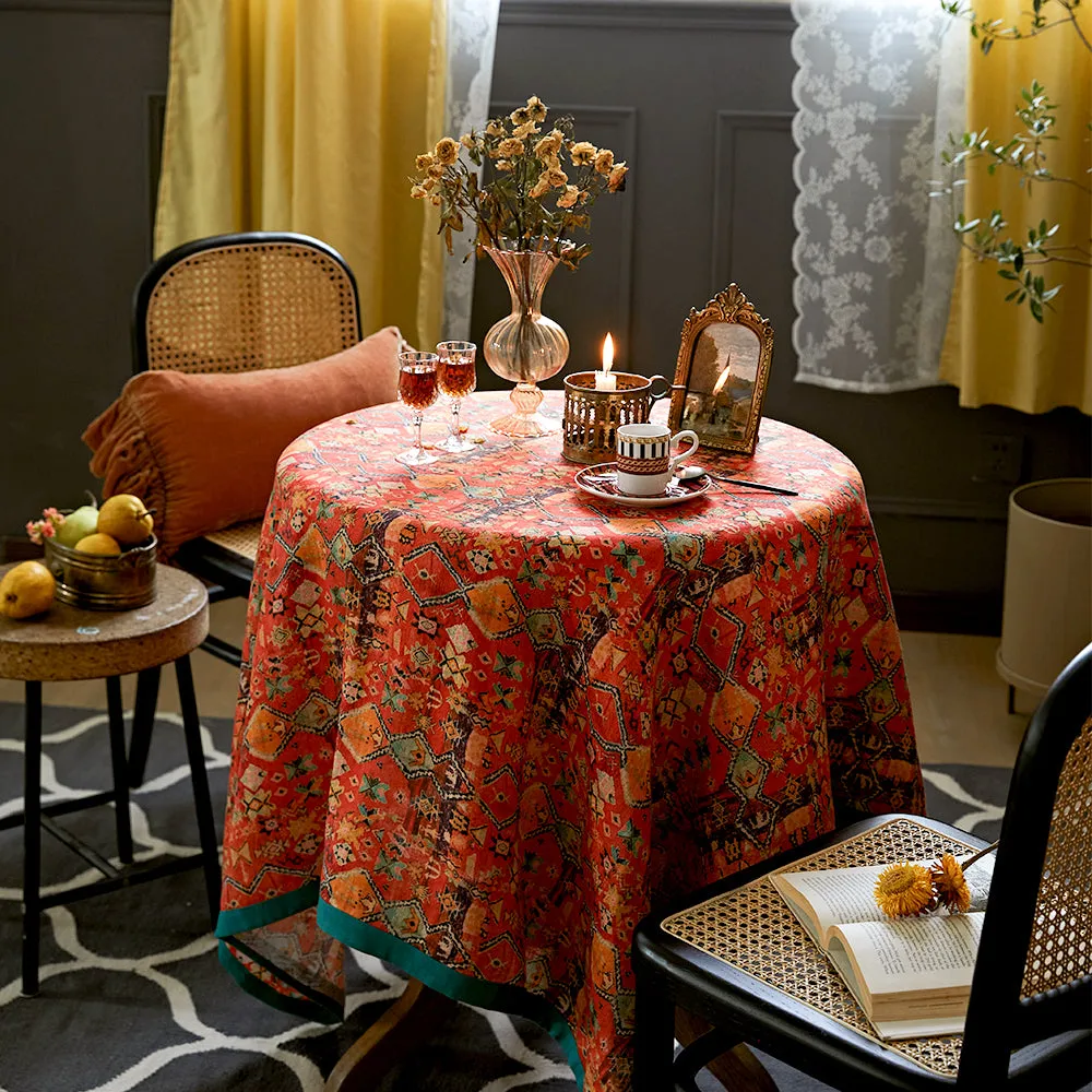 Ravi Orange Red Boho Country Linen Tablecloth