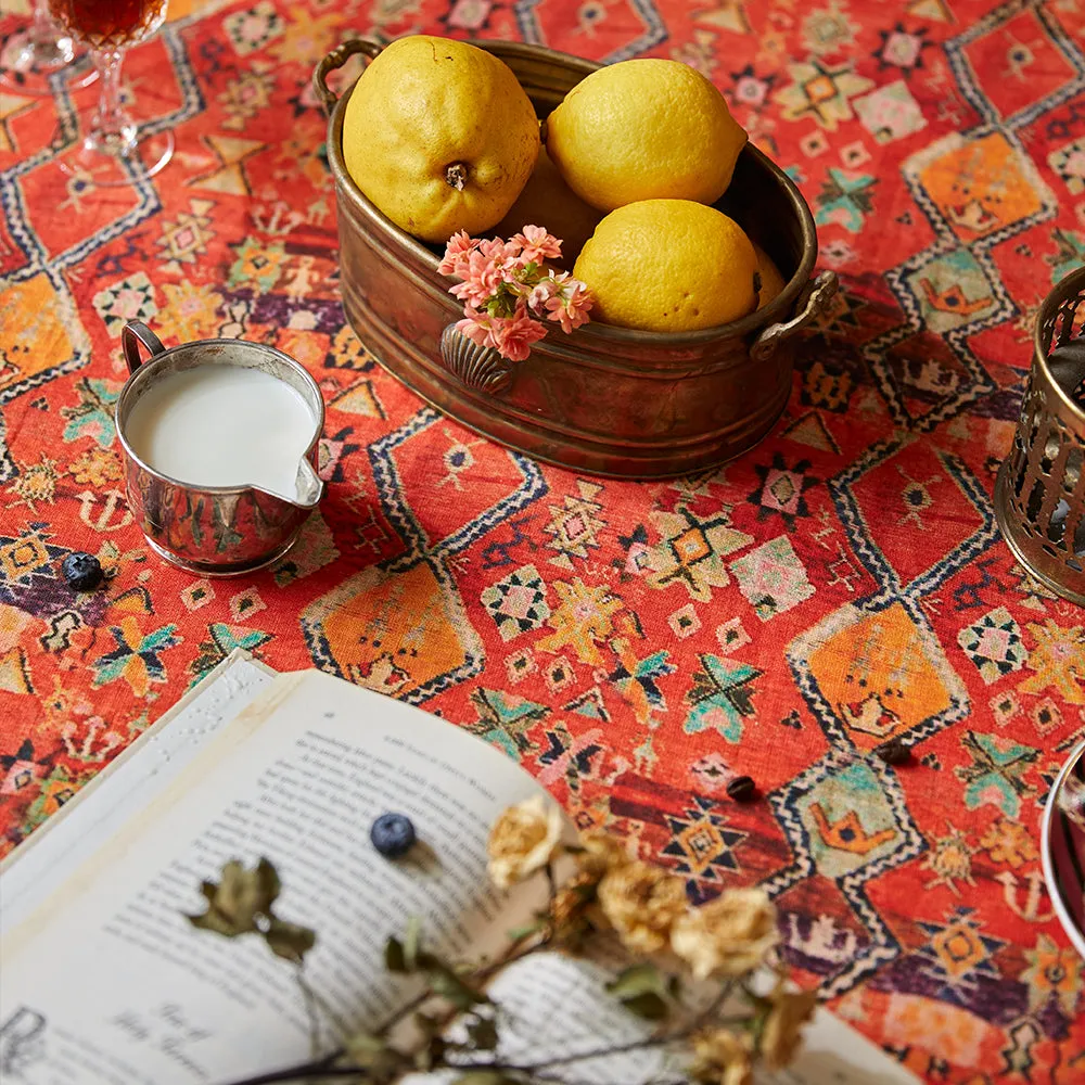 Ravi Orange Red Boho Country Linen Tablecloth