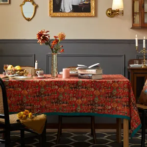 Ravi Orange Red Boho Country Linen Tablecloth