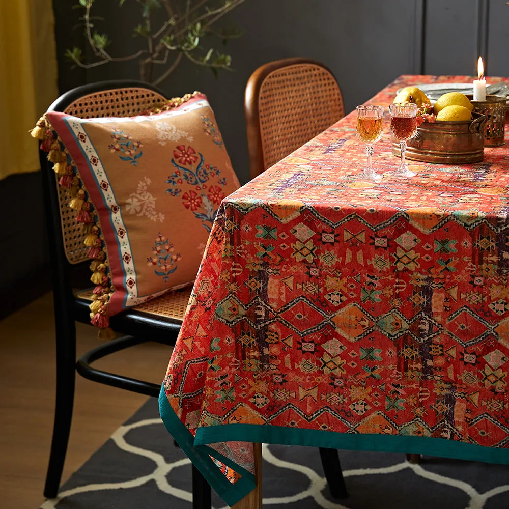 Ravi Orange Red Boho Country Linen Tablecloth