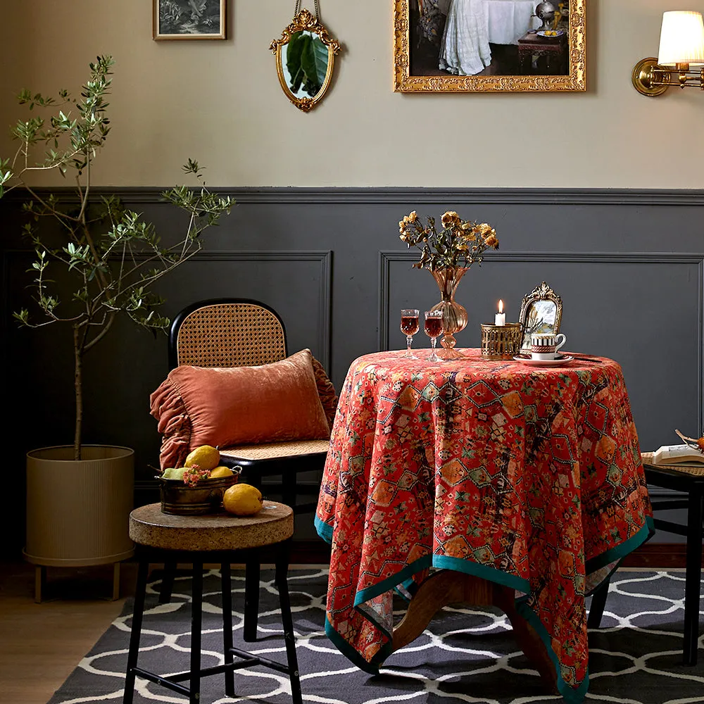 Ravi Orange Red Boho Country Linen Tablecloth