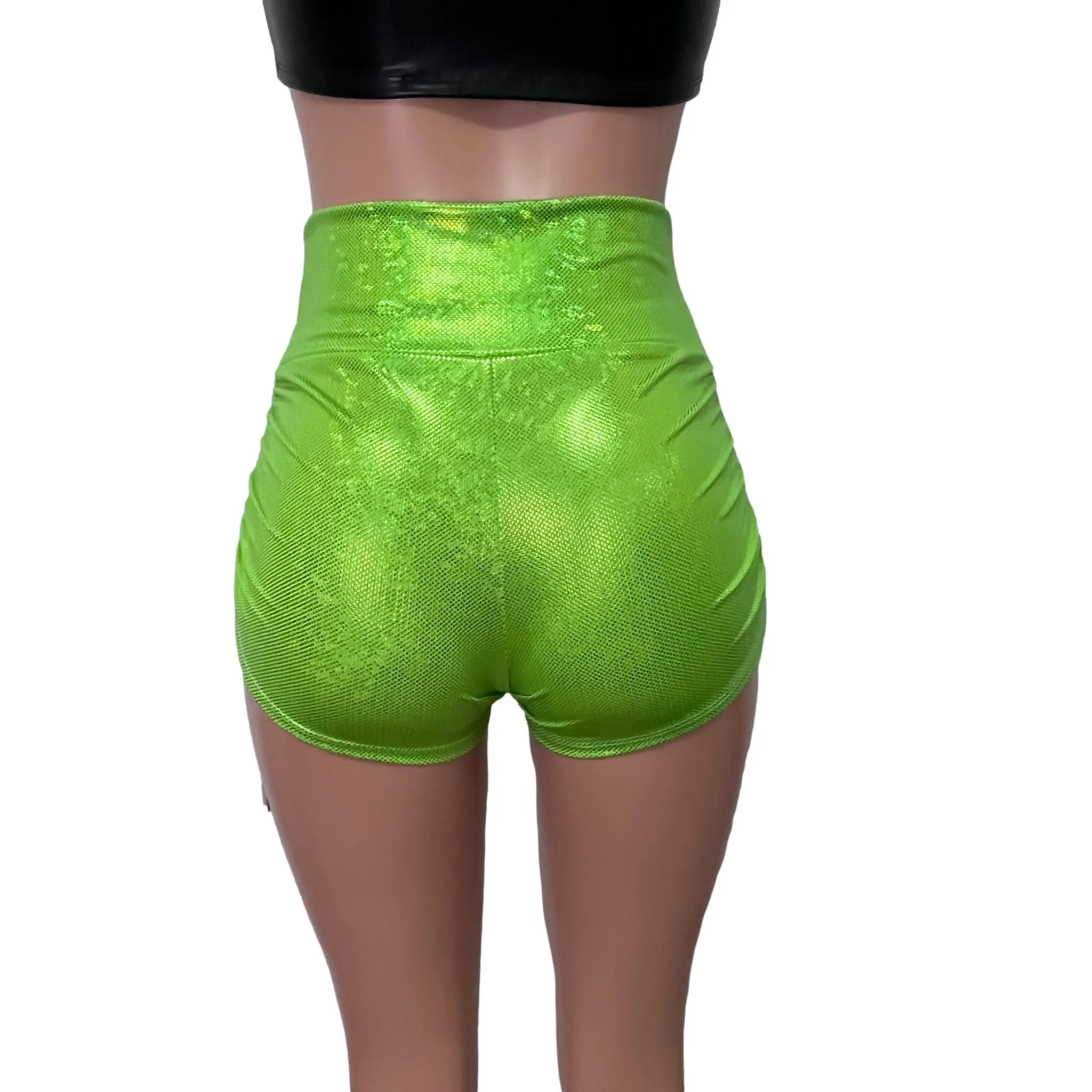 Ruched Booty Shorts - Lime Green Holographic Shattered Glass