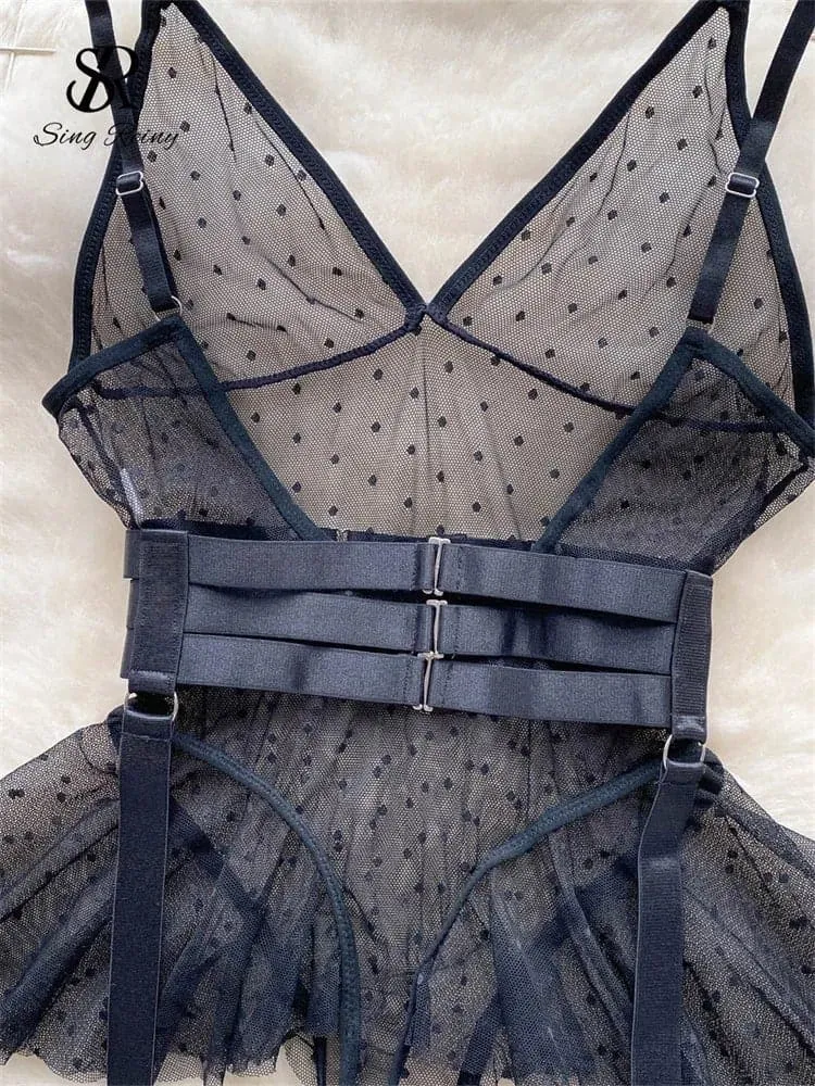 Sheer Corset Bodysuit Lingerie with Ruffles & Dot Pattern