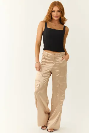 Shiny Beige Satin Cargo Wide Leg Pants