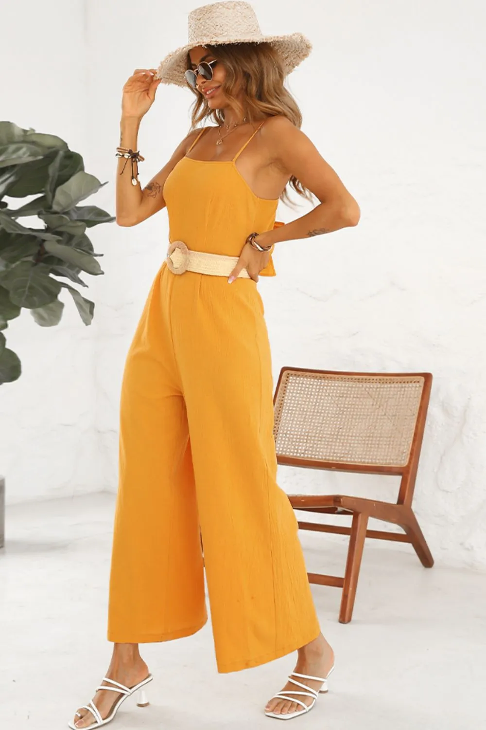 Shiny Cutout Spaghetti Strap Tie Back Wide Leg Jumpsuit