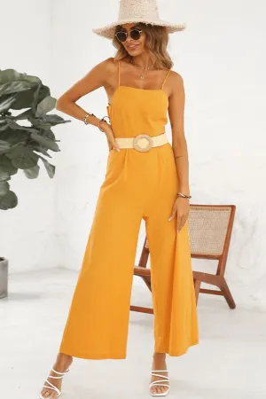 Shiny Cutout Spaghetti Strap Tie Back Wide Leg Jumpsuit