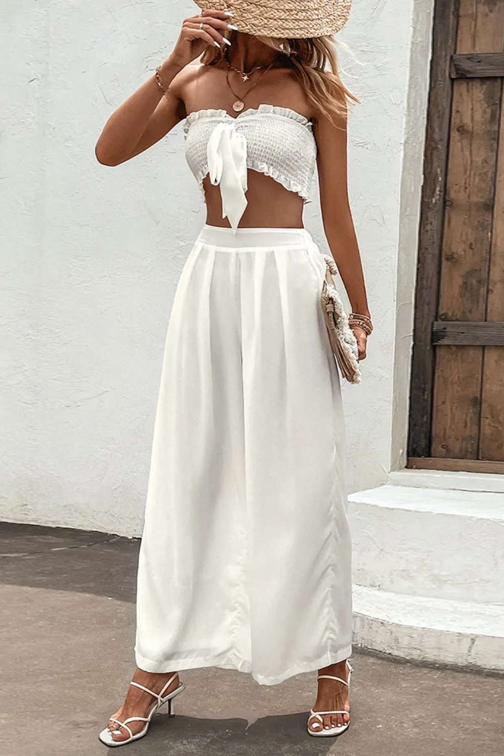 Shiny Smocked Tube Top and Wide Leg Pants Set