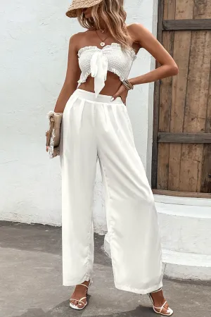 Shiny Smocked Tube Top and Wide Leg Pants Set