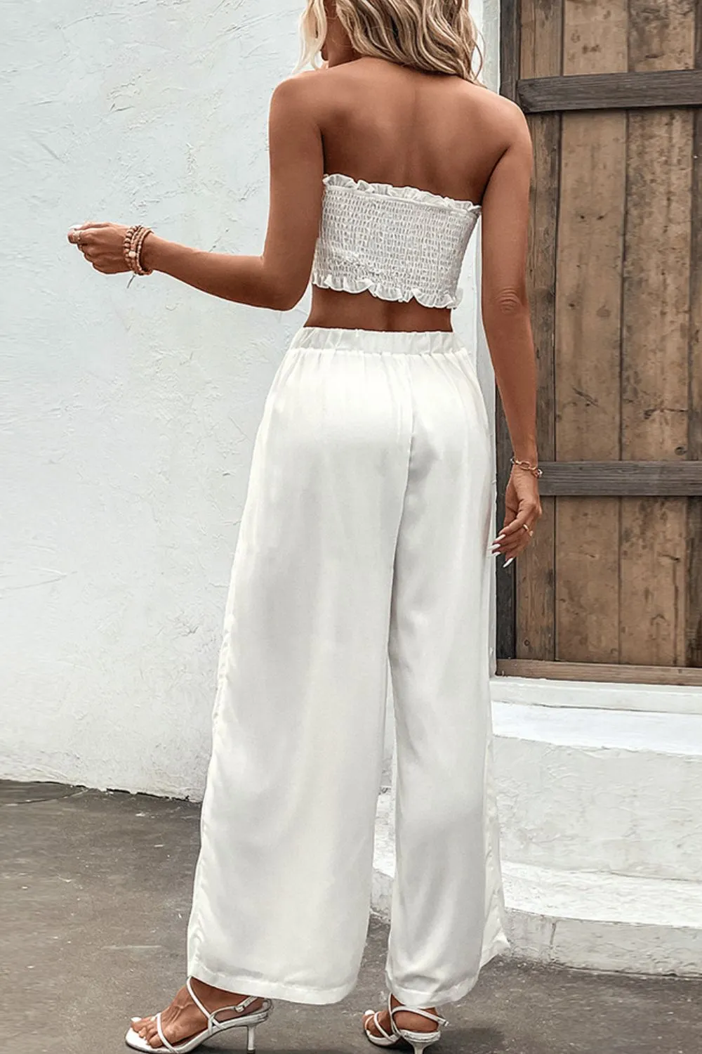 Shiny Smocked Tube Top and Wide Leg Pants Set