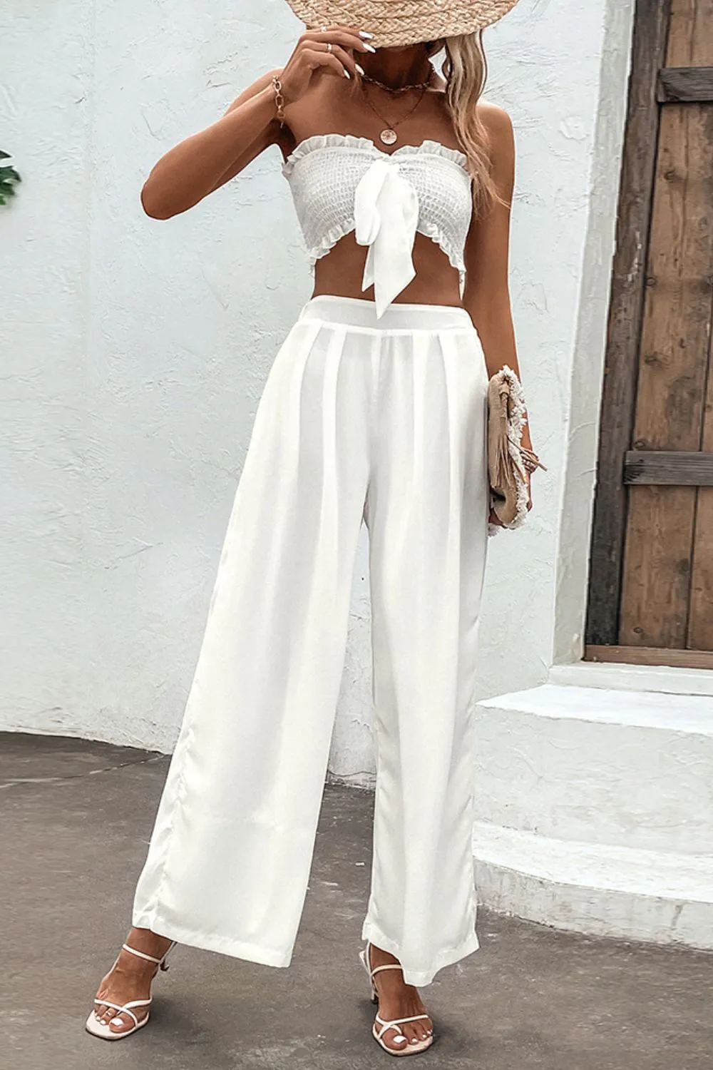 Shiny Smocked Tube Top and Wide Leg Pants Set