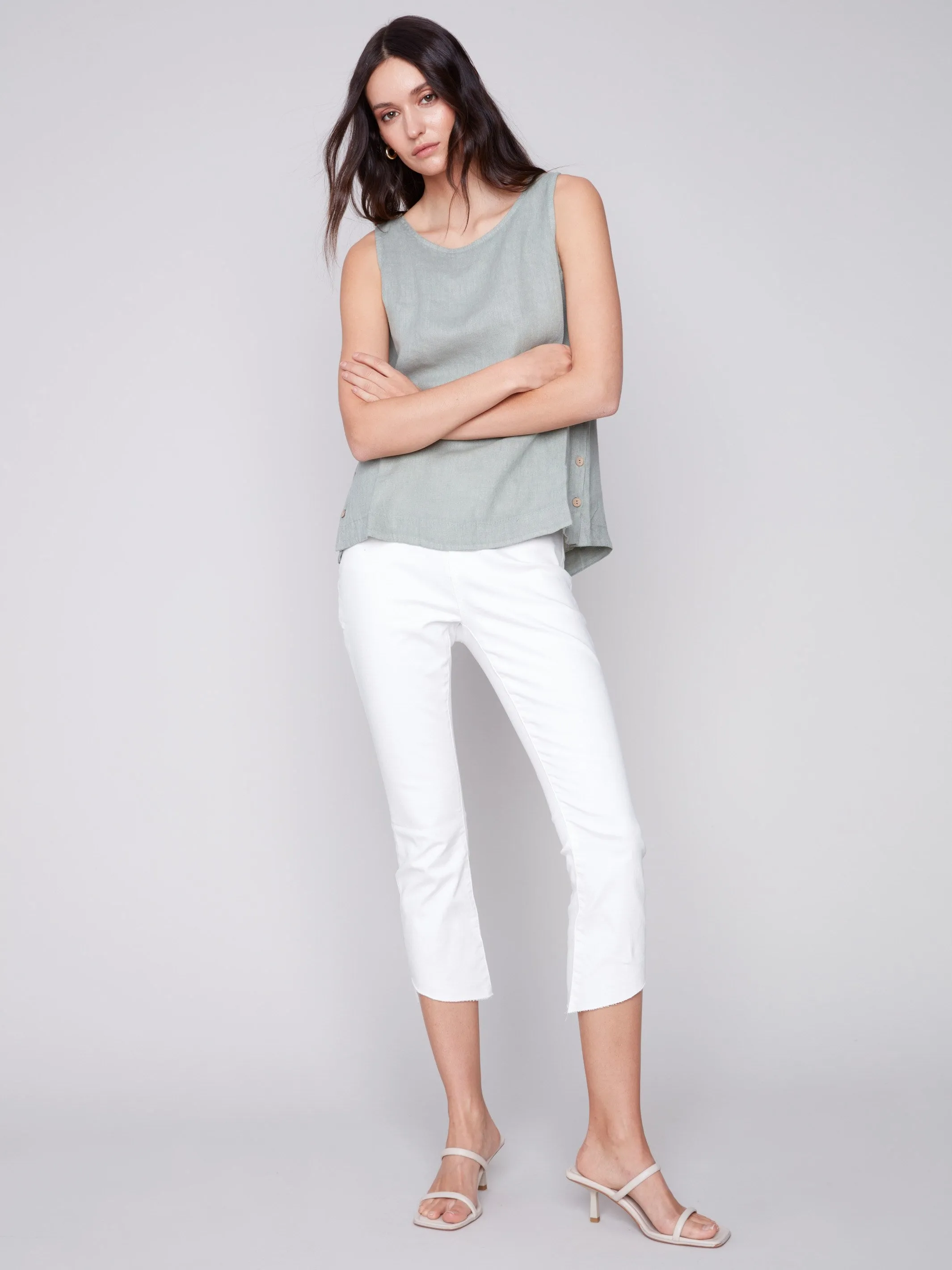 Sleeveless Linen Top with Side Buttons - Celadon