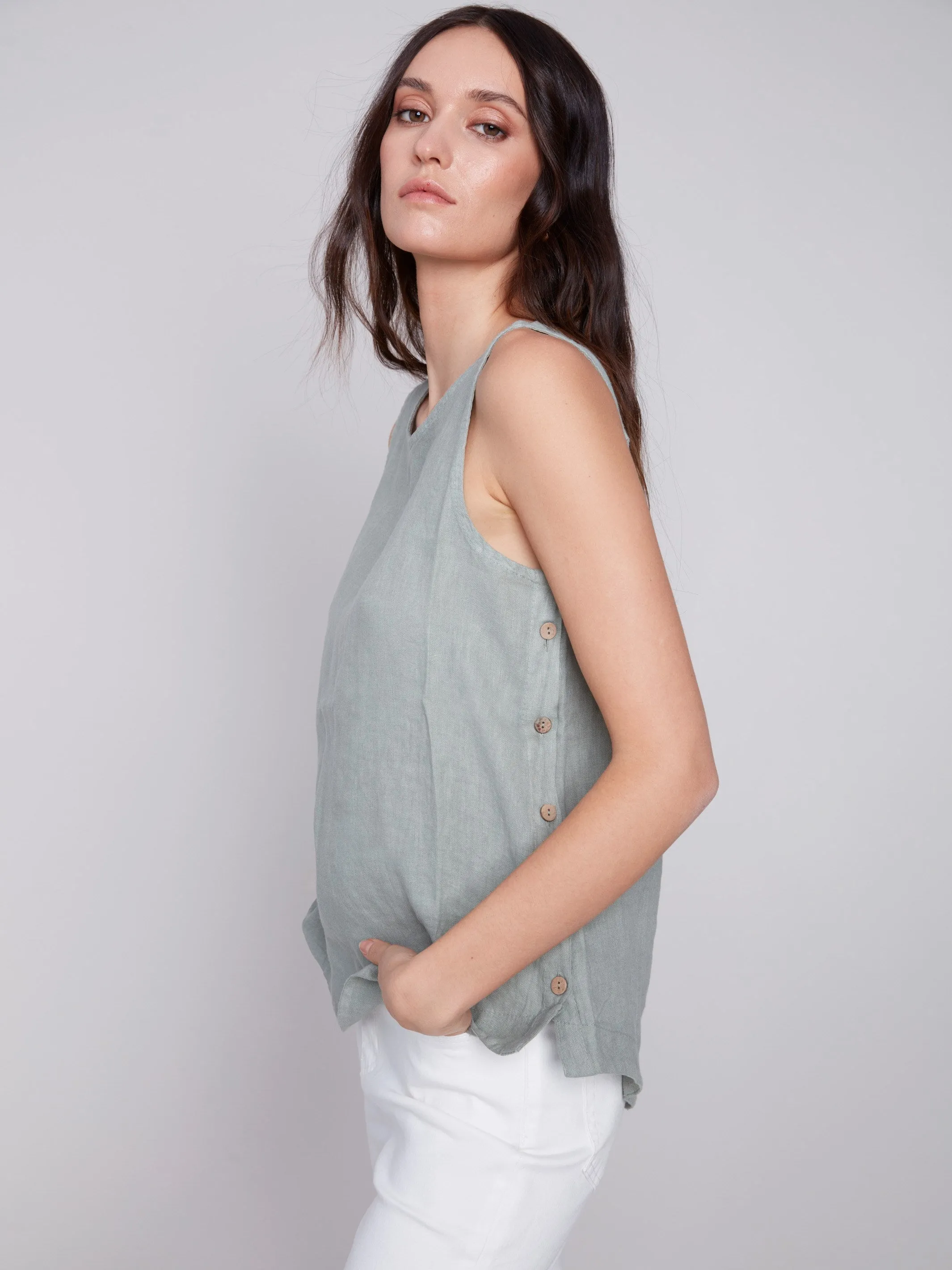 Sleeveless Linen Top with Side Buttons - Celadon