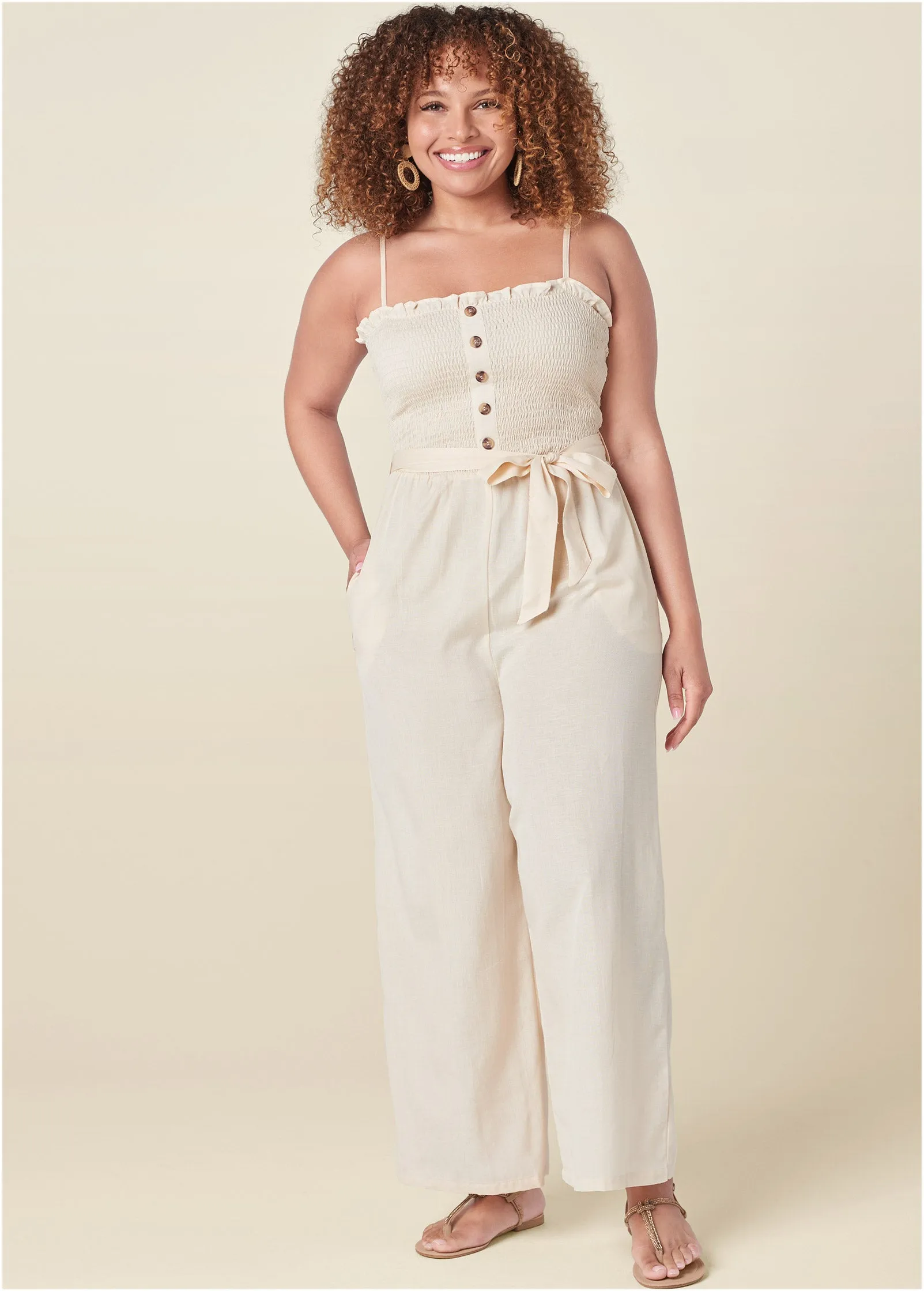 Smocked Linen Jumpsuit - Sand