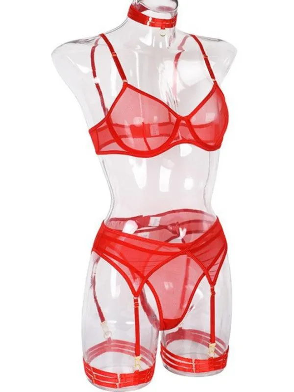 Solid Mesh Ladies Lingerie Set