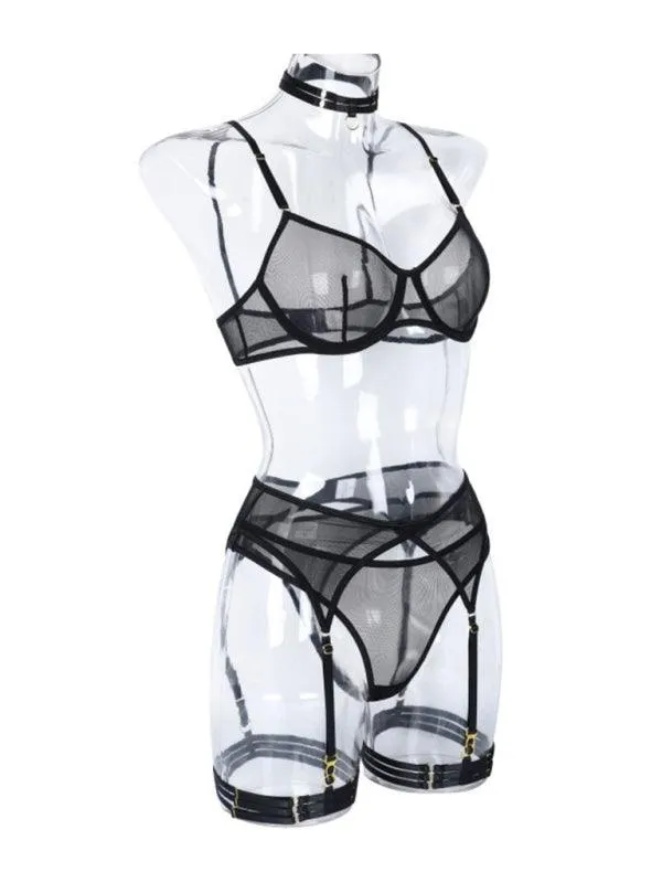 Solid Mesh Ladies Lingerie Set