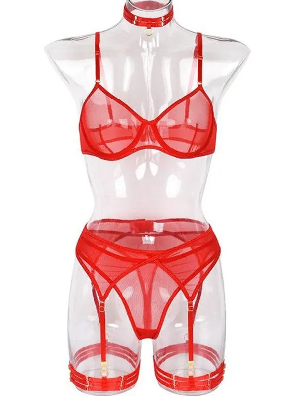 Solid Mesh Ladies Lingerie Set