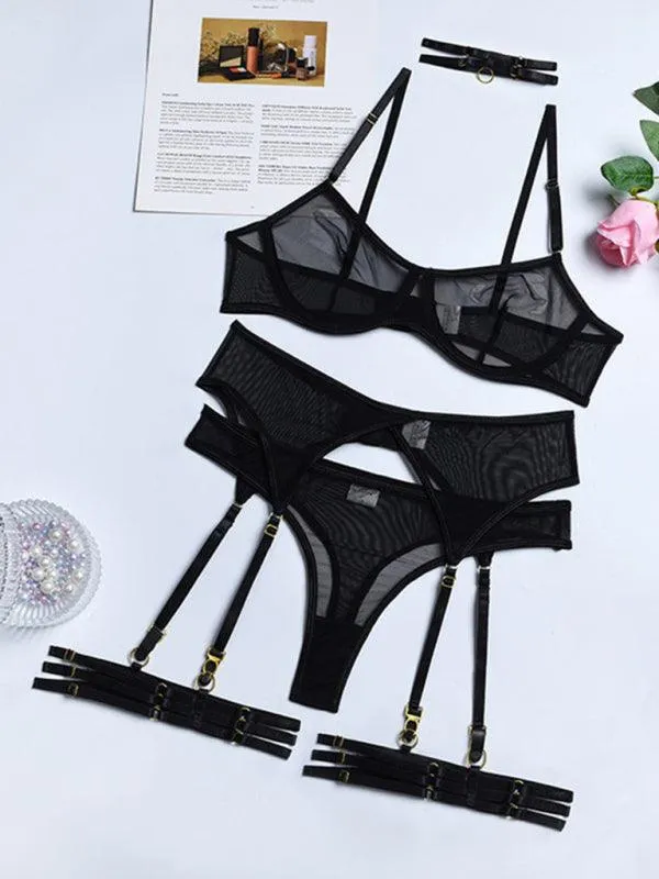 Solid Mesh Ladies Lingerie Set