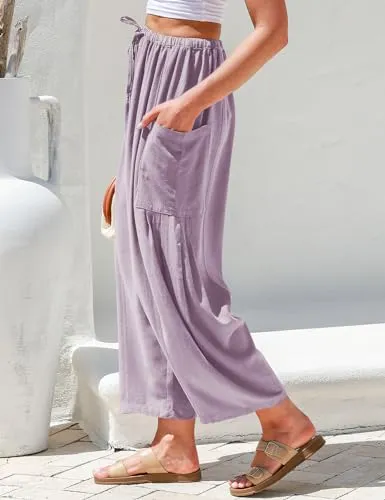 Tarse Women's Linen Wide Leg Pants Drawstring Low Waist Purple Size Medium