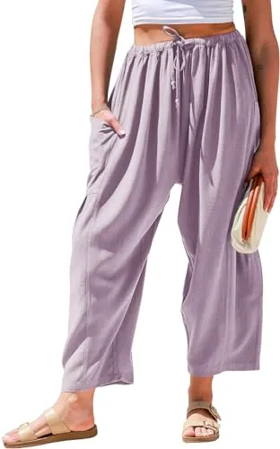 Tarse Women's Linen Wide Leg Pants Drawstring Low Waist Purple Size Medium