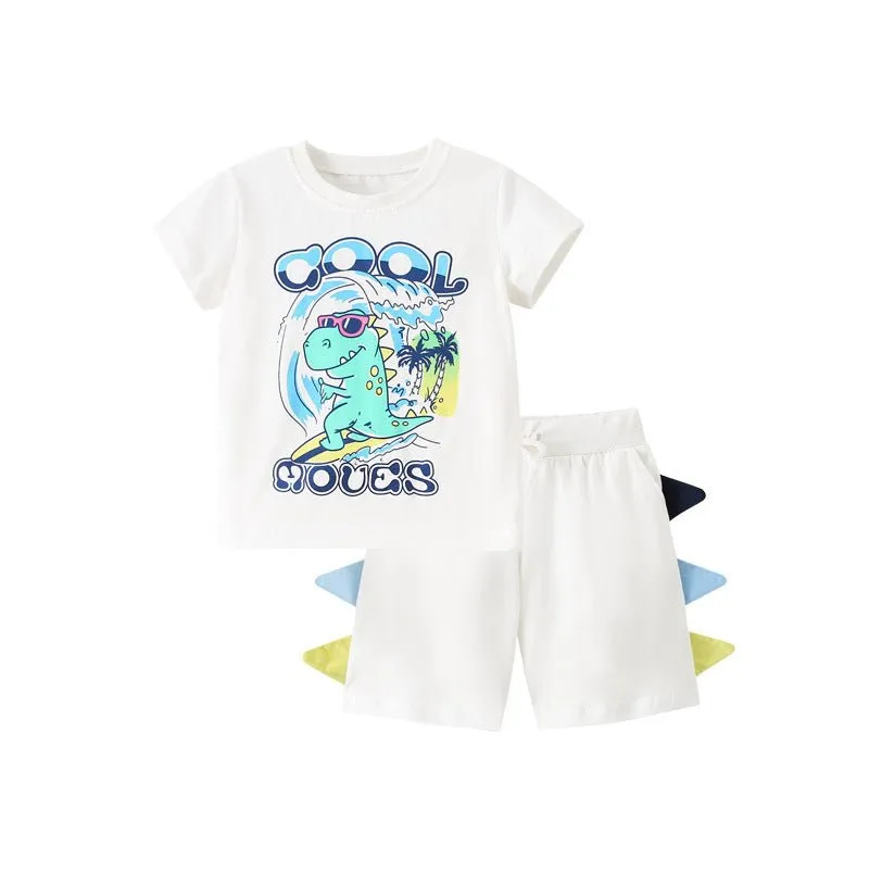 Toddler/Kid Boy's Dinosaur Print Design White T-shirt with Shorts Set