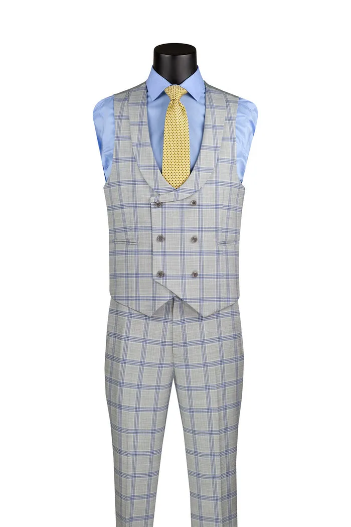 Vinci Modern Fit Windowpane Suit 3 Piece with U-Neck Vest Light Gray MV2W-5