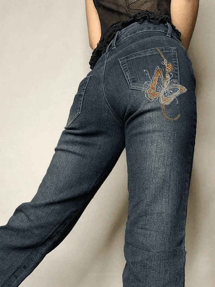 Vintage Washed Butterfly Flare Jeans