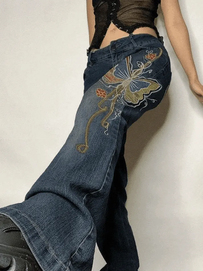 Vintage Washed Butterfly Flare Jeans