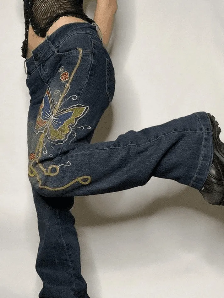 Vintage Washed Butterfly Flare Jeans