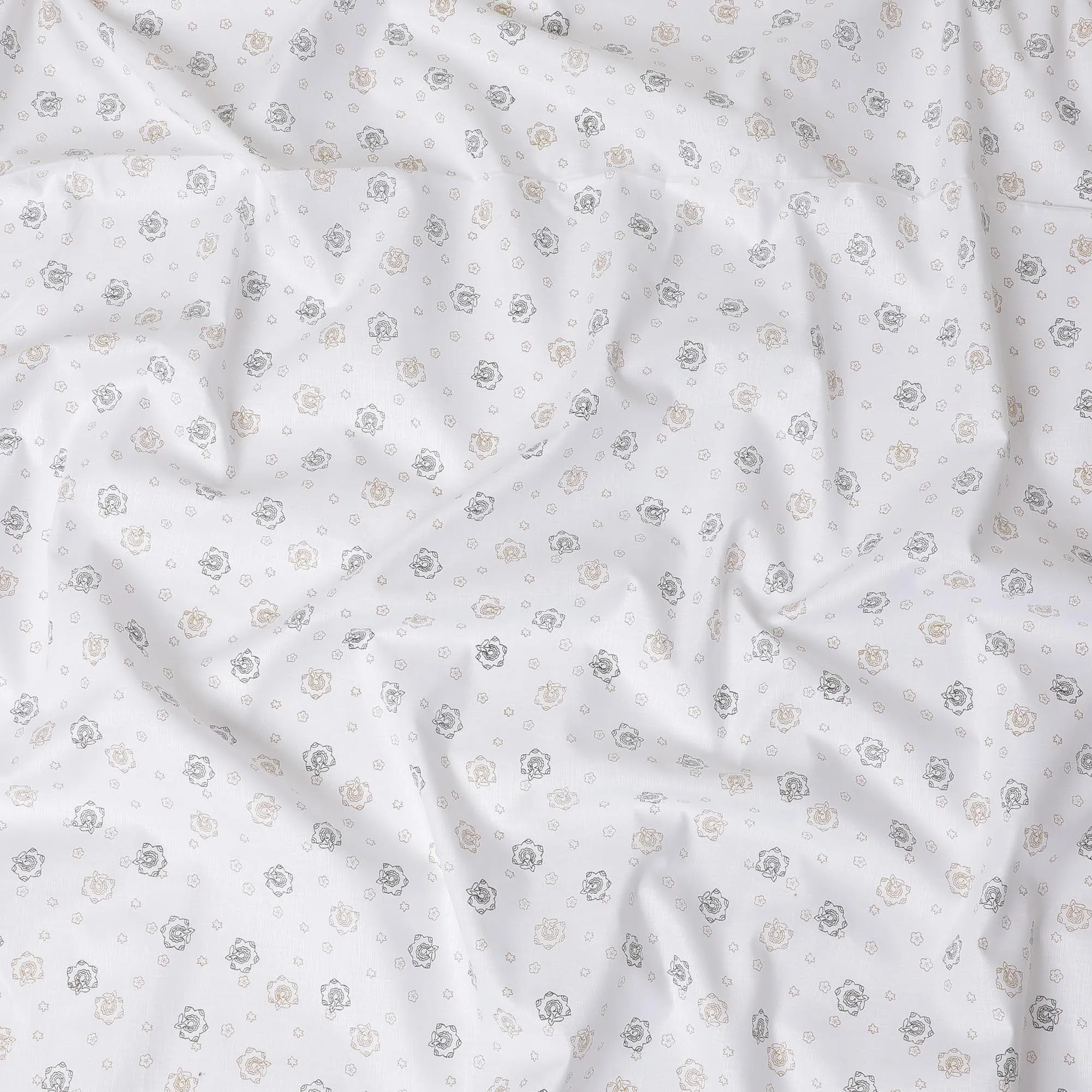 White Premium 100% Pure linen fabric with olive green and black print in floral design-D10763