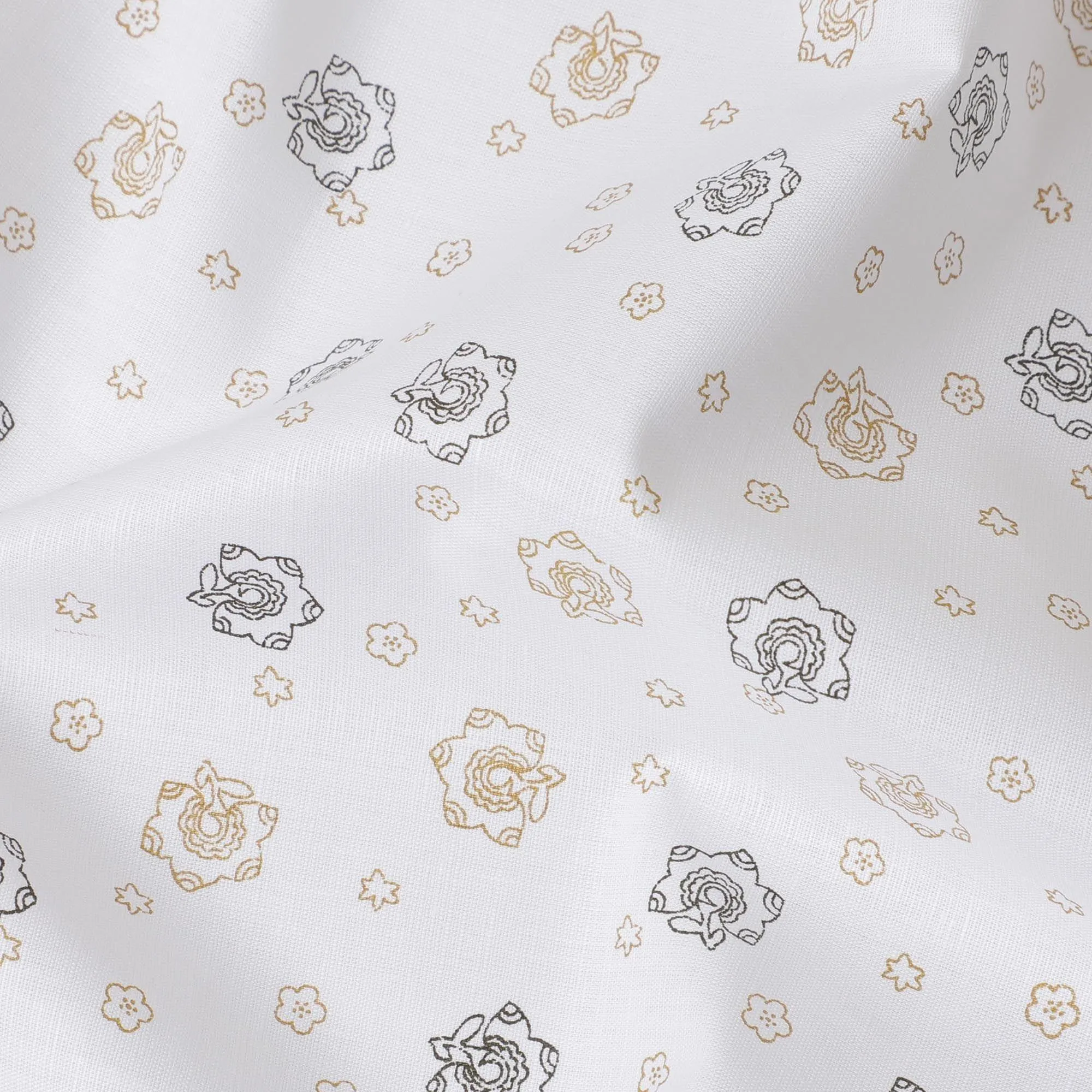 White Premium 100% Pure linen fabric with olive green and black print in floral design-D10763