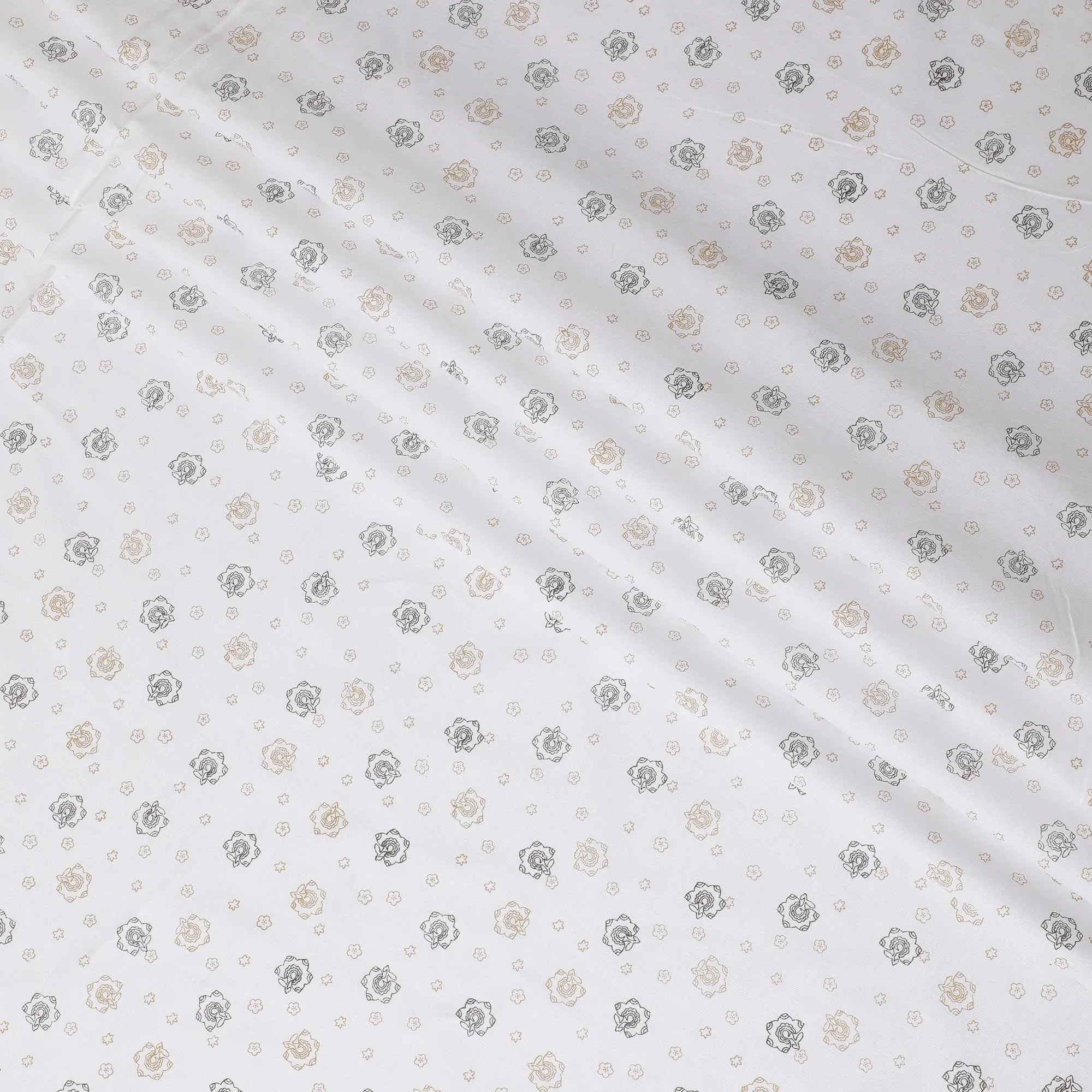 White Premium 100% Pure linen fabric with olive green and black print in floral design-D10763