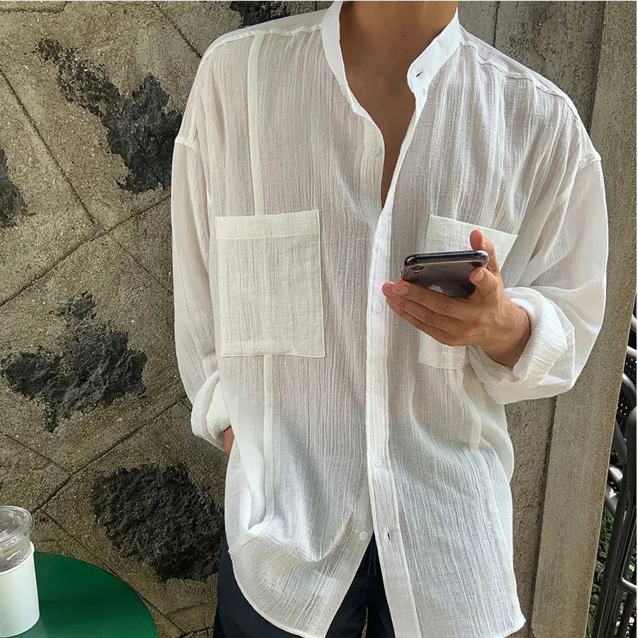 Wiaofellas  -  Beach Long Sleeve Linen Shirt, Men's Solid Color Loose, South Korea Popular Leisure Linen Shirt, Travel & Outdoor Wear