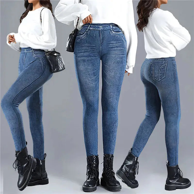 Women Thin Fleece Imitation Denim Pants Stretchy High Waist Warm Velvet Leggings Autumn Winter Slimming Tights